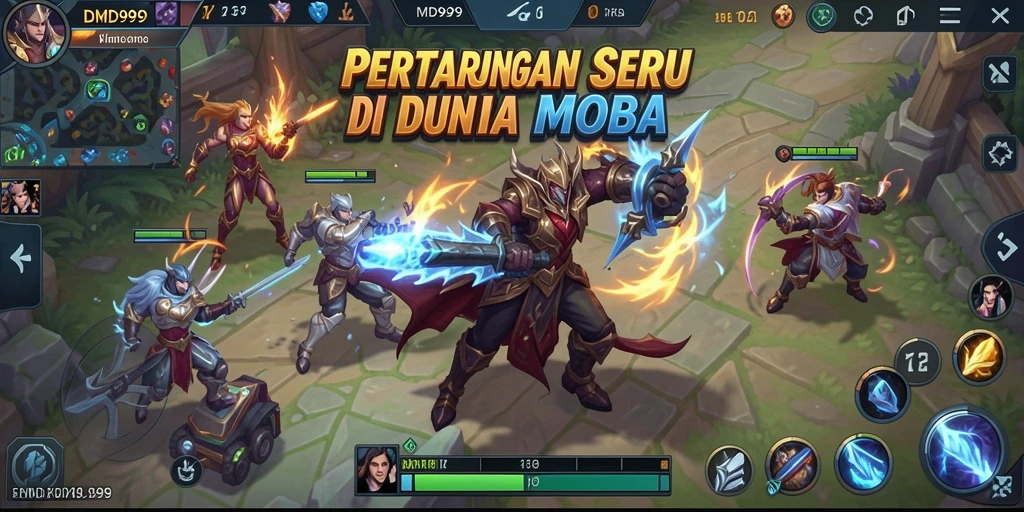 Screenshot gameplay DMD999 menampilkan aksi seru dalam pertempuran MOBA.