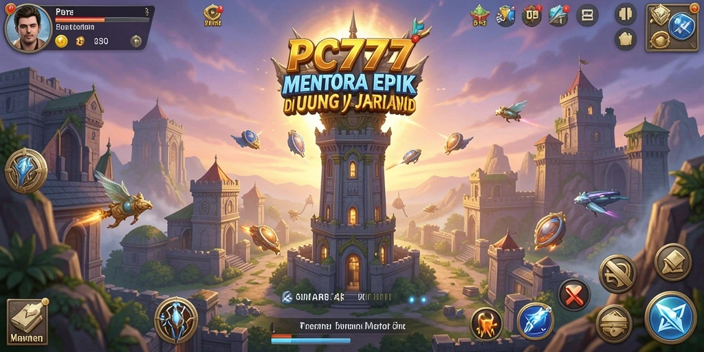 Screenshot gameplay PC777 yang menampilkan pertahanan menara yang epik.